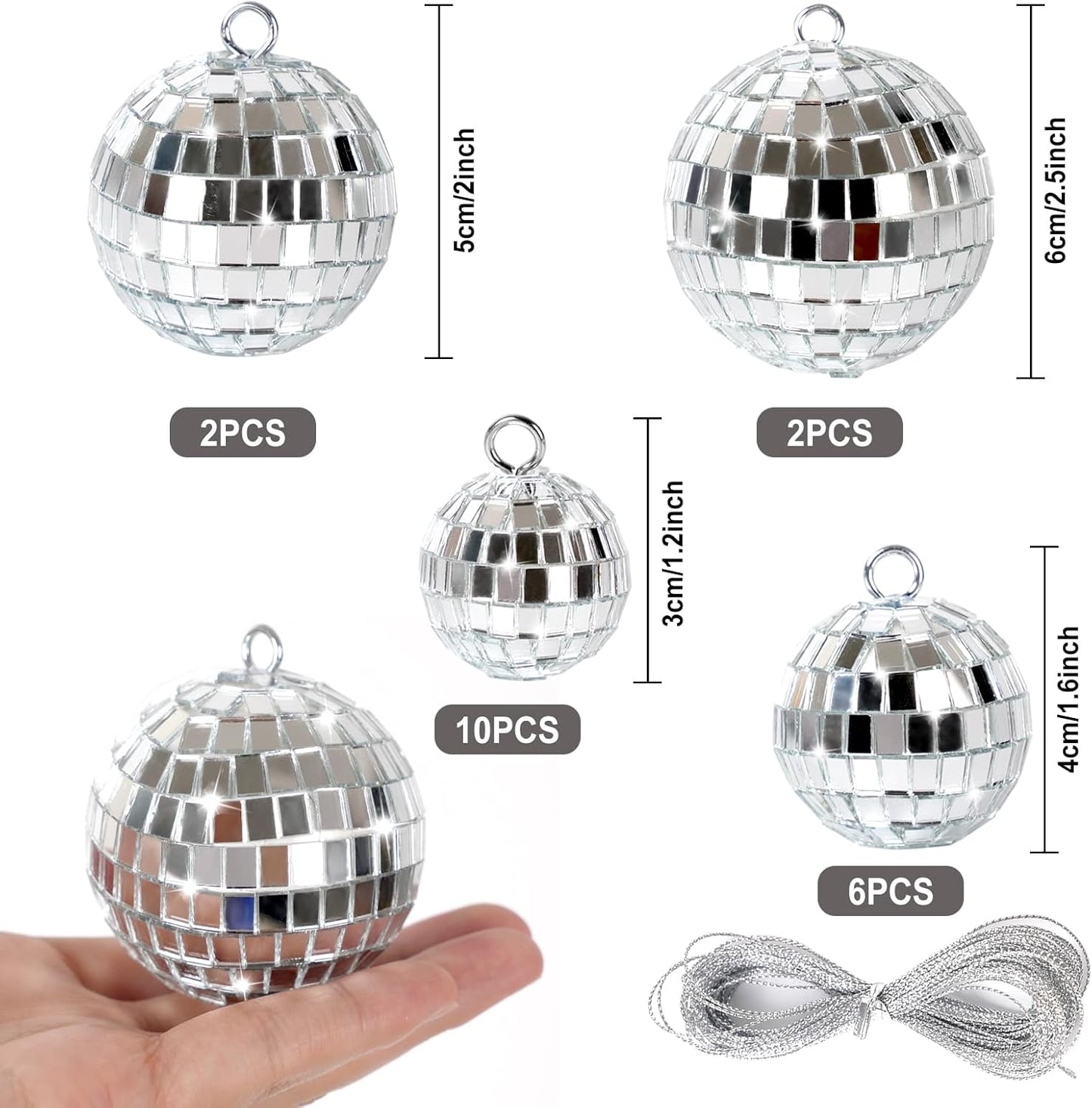 20 Pcs Mirror Disco Ball Hanging Ornaments Silver Glass Decor 70s Disco Party Decorations Ornament with Rope for Dance Birthday 70s Theme Party