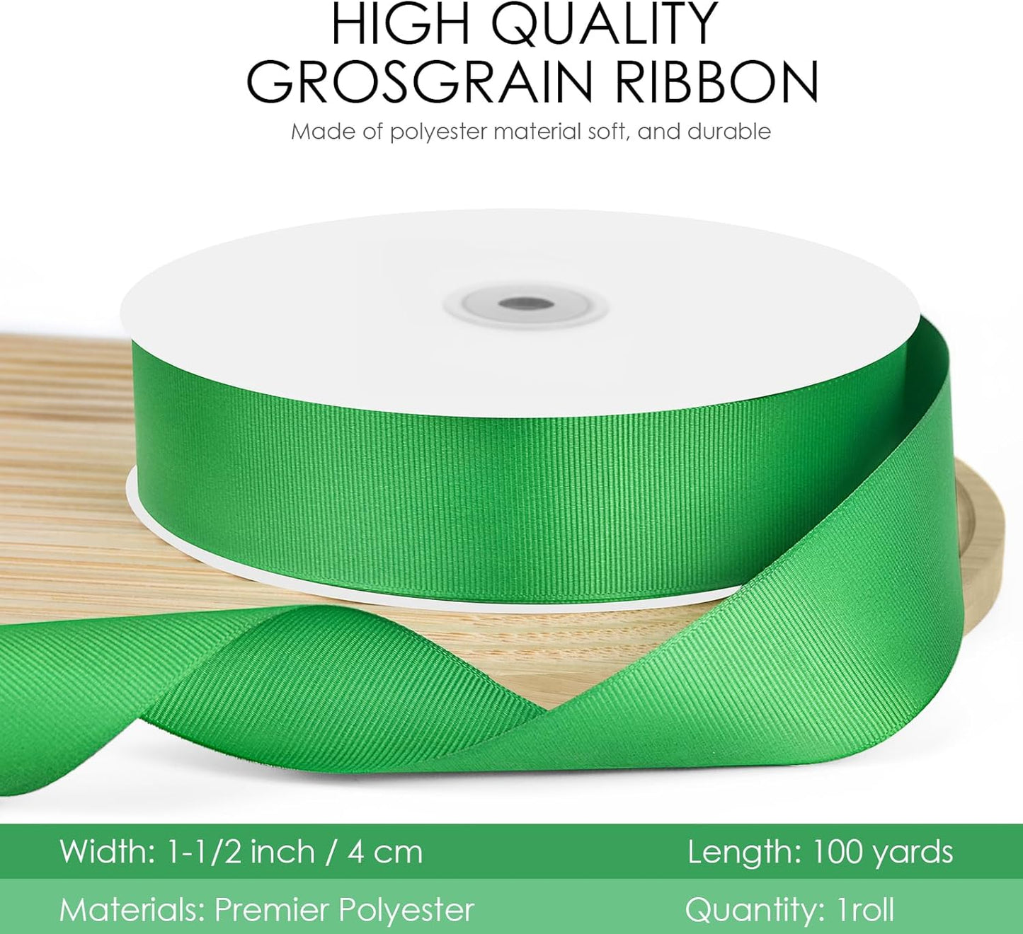 100 Yards 1.5 inch Grosgrain Ribbon, Solid Color Fabric Ribbon Perfect for Gift Wrapping, Wedding, Handmade Bows, Floral Bouquets and Party Decoration(Green)