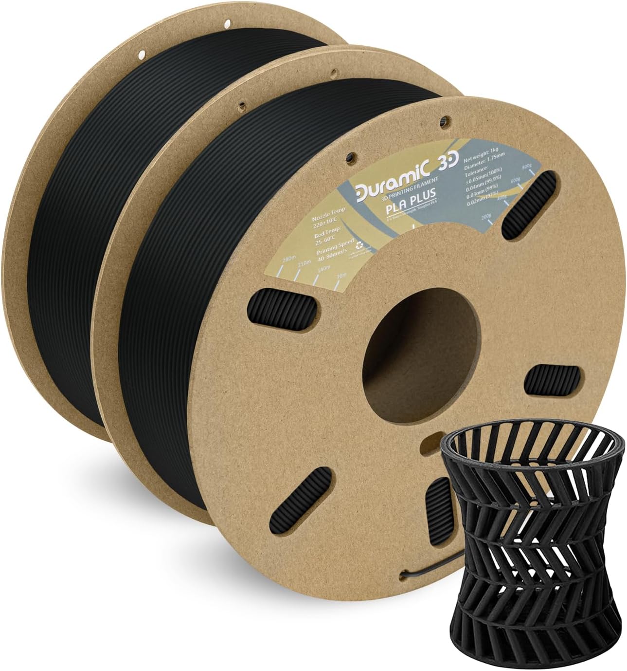 DURAMIC 3D PLA+ Filament 1.75mm 2Kg Black, PLA Plus Filament 2 Pack 1kg Spool(2.2lbs) Tougher and Stronger, Dimensional Accuracy Probability +/- 0.02mm