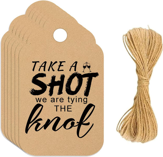 Take a Shot We are Tying (Or Tied) The Knot Tags with Hanging Hole Rectangle Kraft Paper Card Decorative Knot Tags for Engagement Party Wedding Decor, Bridal Party Gifts (Flower Border Kraft)