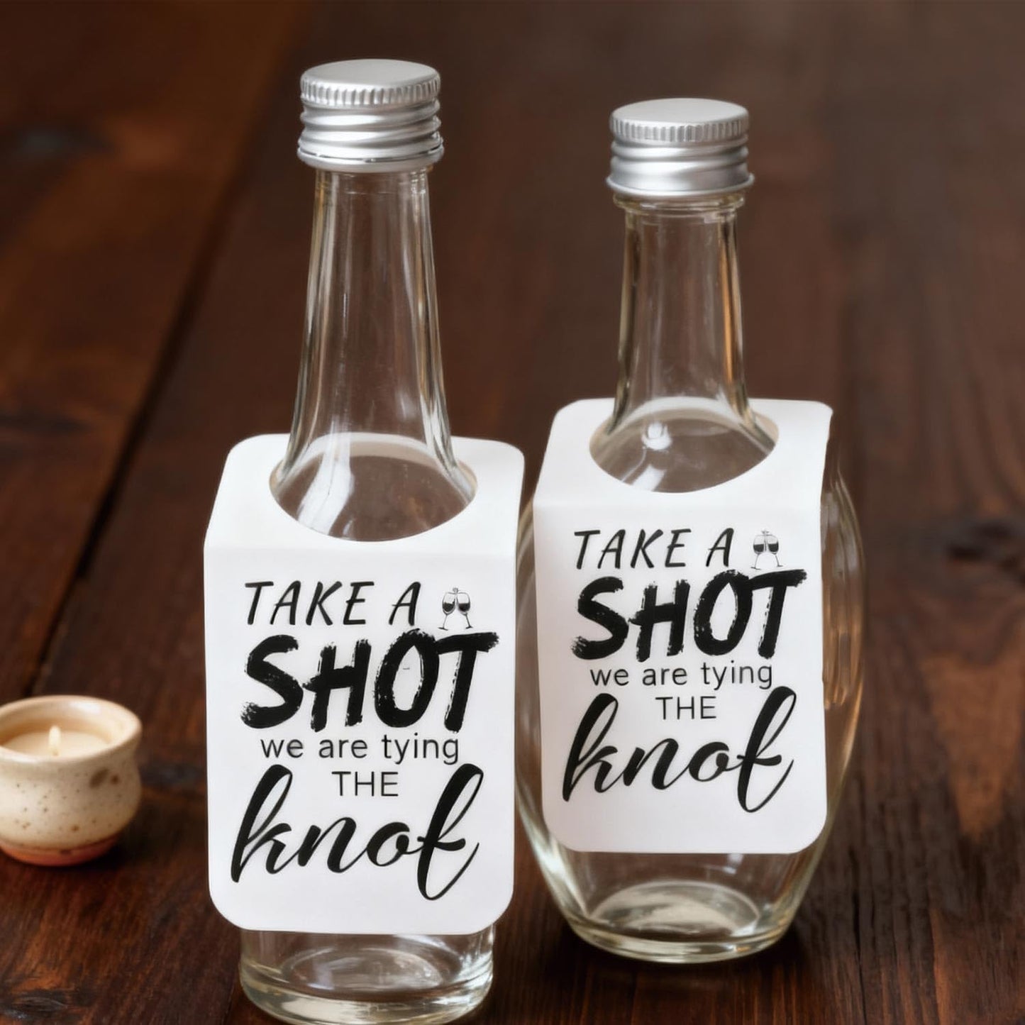 Take a Shot We are Tying (Or Tied) The Knot Tags with Hanging Hole Rectangle Kraft Paper Card Decorative Knot Tags for Engagement Party Wedding Decor, Bridal Party Gifts (Rectangular White)