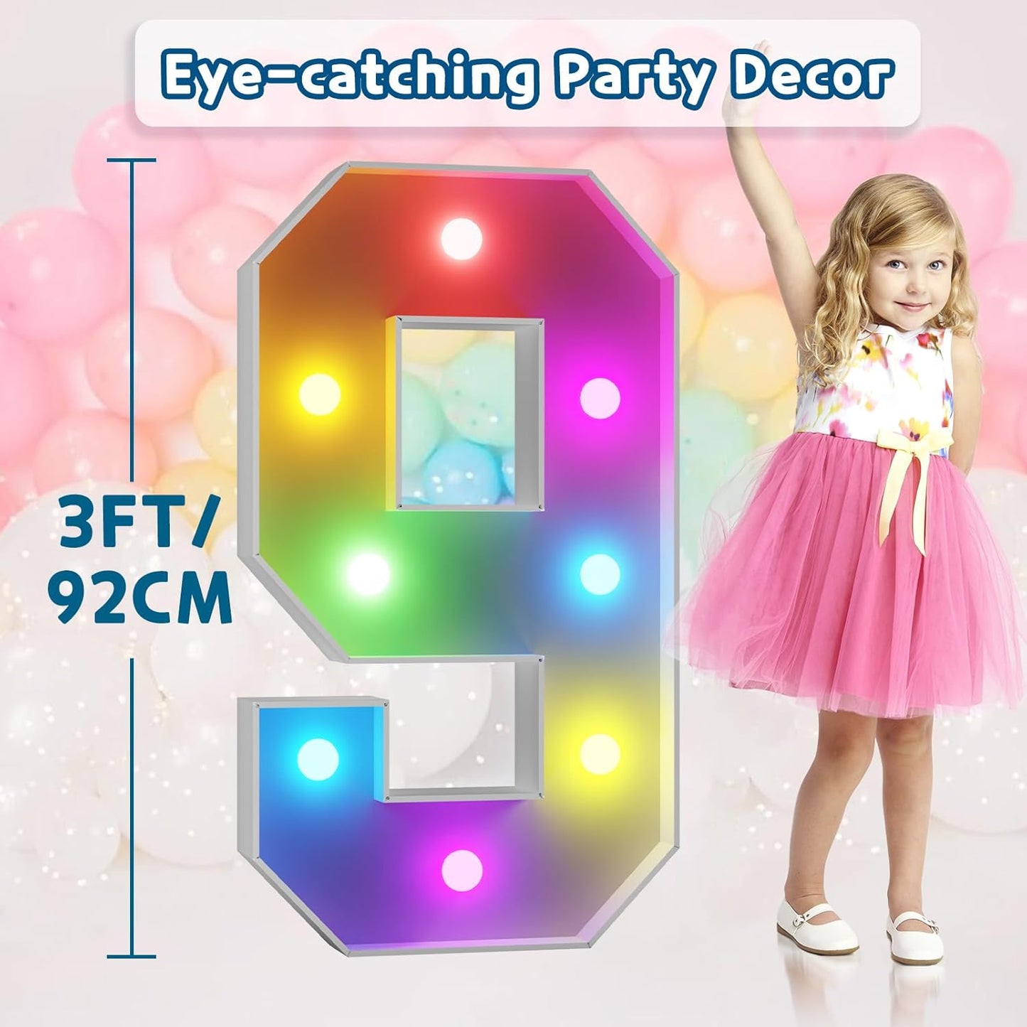 imprsv 3FT Colorful Marquee Numbers,18 Colors Number 9 with Remote, Light Up Numbers Sign for 3rd Birthday Decorations Anniversary Party Decor, Pre-Cut Foam Board Kit, Mosaic Sign for Balloon