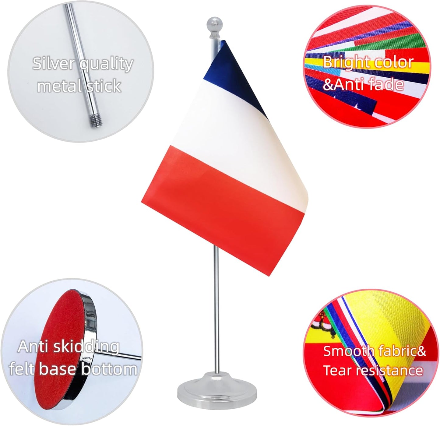 France Desk Flag, French Table Office Flag with Metal Pole and Stand Base, International Country Flags, Festival Event Celebration, Classroom Meeting Desktop Decor (France)