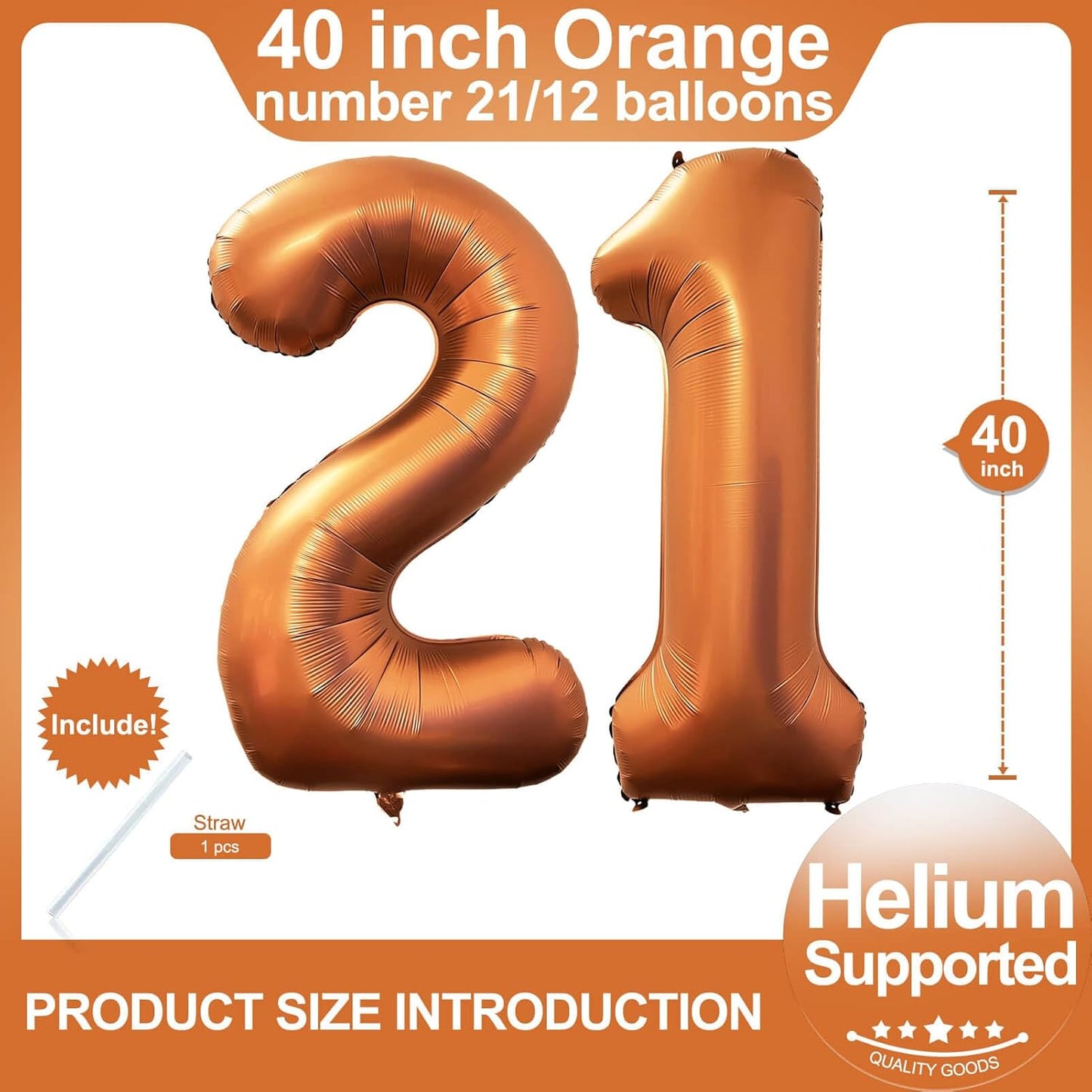 Number 21 Giant Orange 12 Number Foil Helium Balloons for 12th Birthday Party Supplies & 21st Anniversary Events Decorations