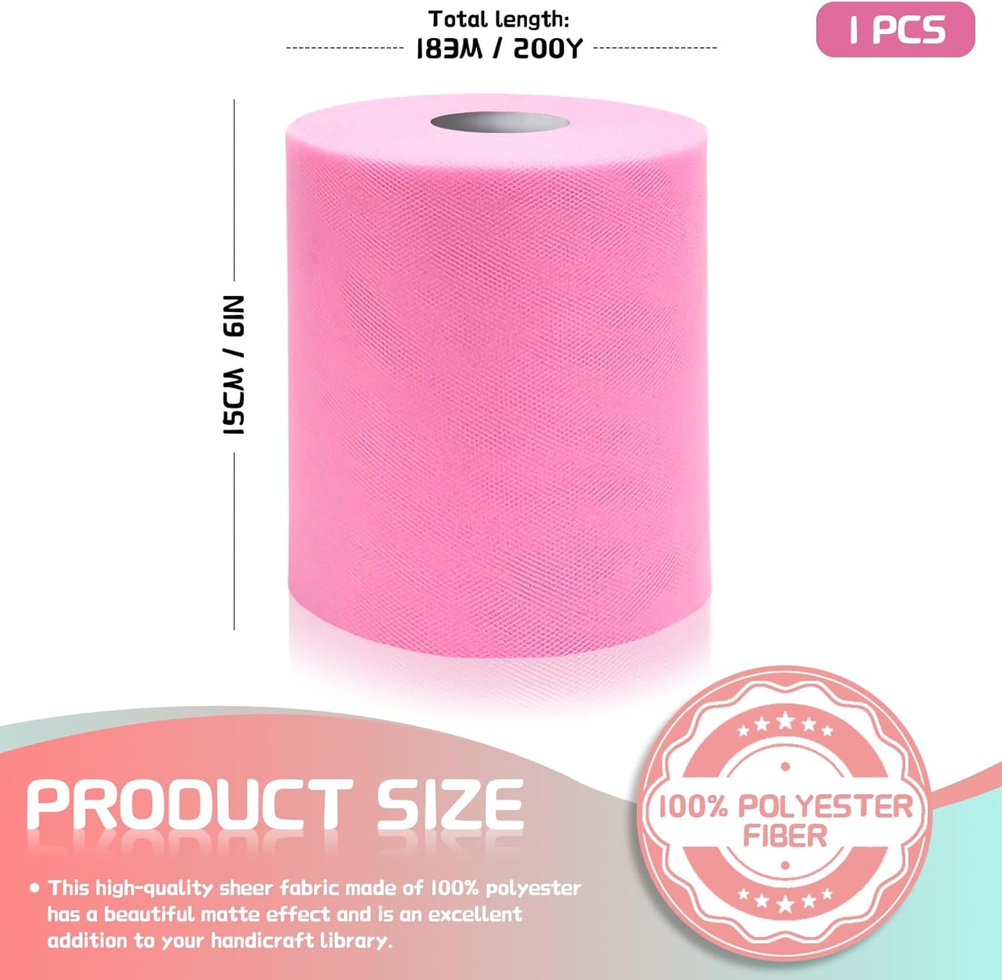 6" x 200 Yards Pink Tulle Fabric Rolls, Pink Spool Tulle Ribbon for DIY Tutu Skirt Wedding Decoration Baby Shower Birthday Party Backdrop Gift Wrapping Bow Craft Supplies