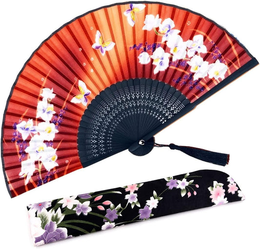 Amajiji Folding Hand Fan for Women, Chinese Japanese Vintage Style Bamboo Silk Hand Held Folding Fans for Party Wedding Dancing Decoration Gift Performance (AM-08)