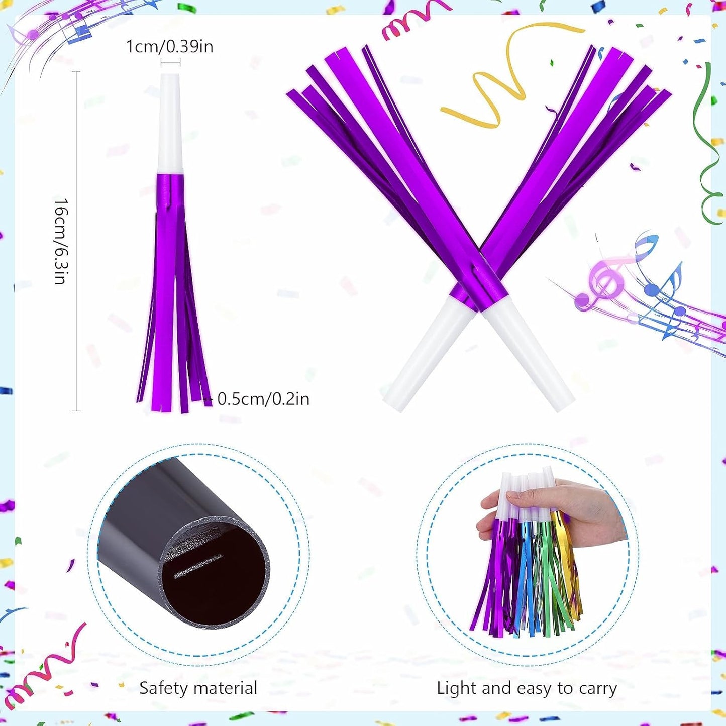 Noise Makers Party Horns, 24 Pack, Purple Metallic Glitter with Fringe, for Birthday, Wedding, New Year