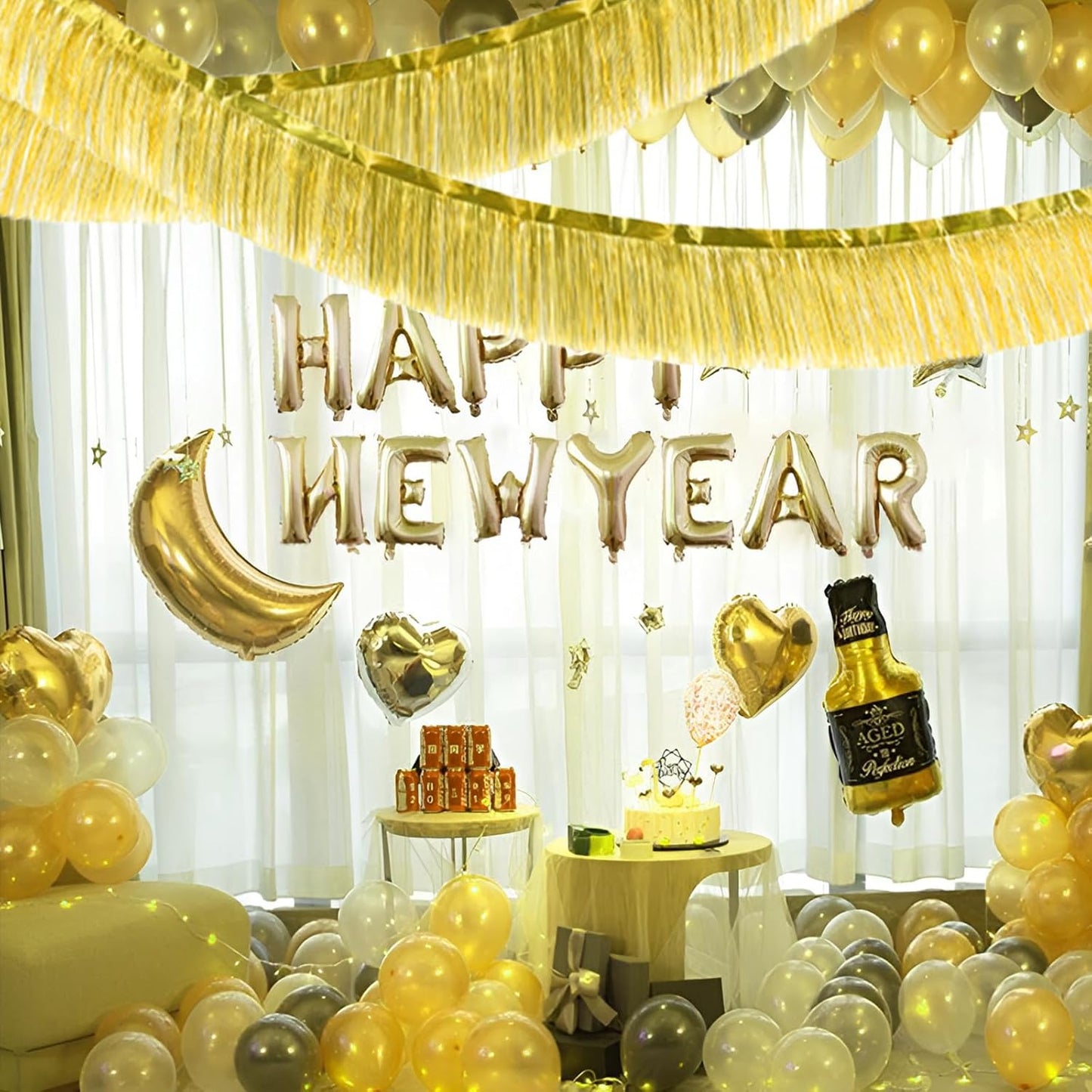 Gold Foil Fringe Garland 10FT 6packs, Metallic Foil Tinsel Fringe Banners for Parade Float Decorations Wedding, Birthday Party Graduation (six Gold)