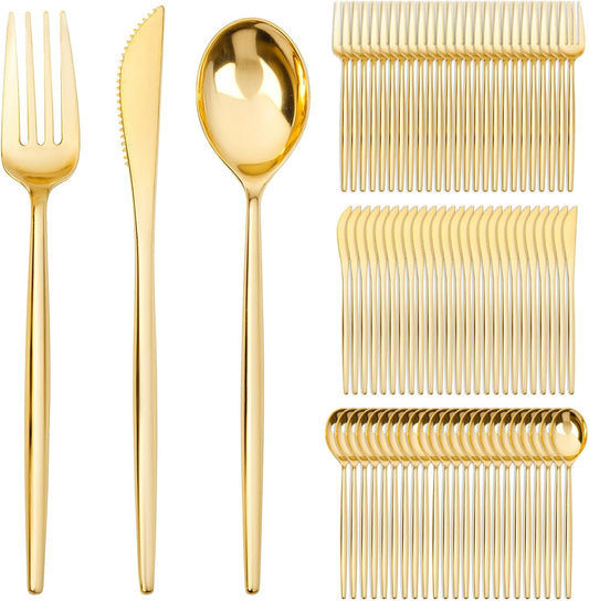 SUT 600 Pcs Gold Plastic Silverware, Gold Disposable Utensils, Heavy Duty Cutlery Set, Disposable Silverware Set Include 200 Forks, 200 Spoons, 200 Knives Heavy Duty Flatware for Party
