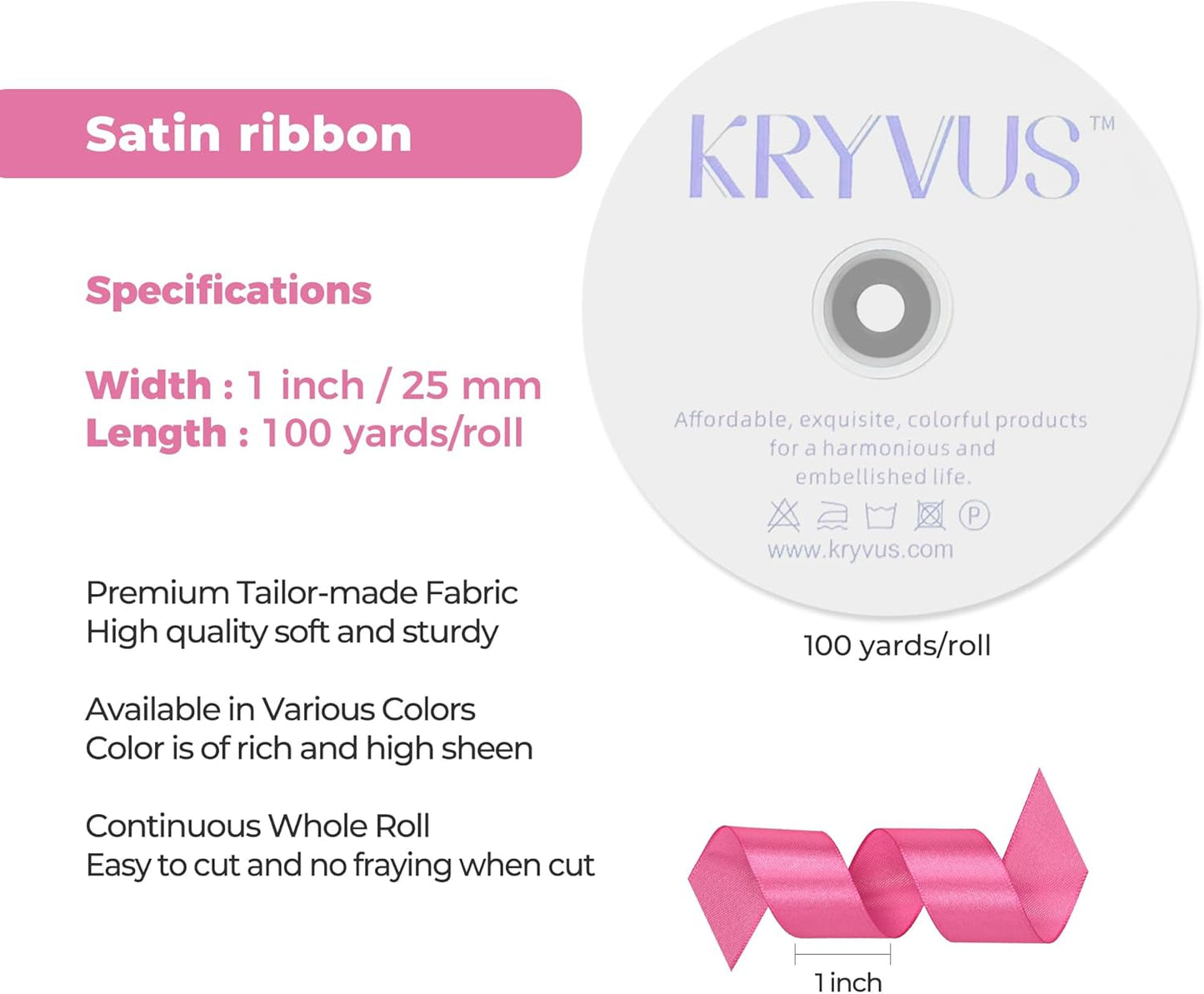 Hot Pink Satin Ribbon 1 inch X Continuous 100 Yards, Single Face Polyester Ribbon Perfect for Gift Wrapping, Flower Bouquet, Wedding Decor, Crafts, Bow Making, Sewing and More