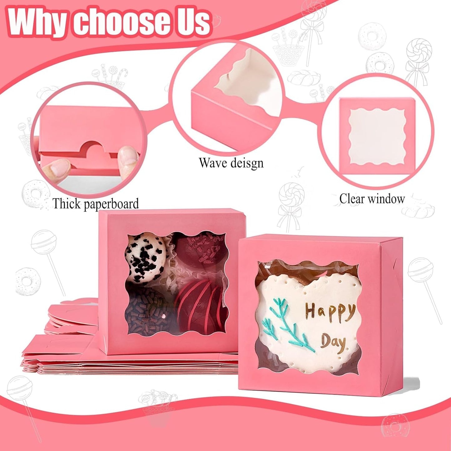 RomanticBaking 3 ¼" x 3 ¼" x 1 ½" 100PCS Chocolate Truffle Boxes for 4，Cookies Boxes Soap Boxes Donut Boxes Macaron Boxes Mini Bakery Boxes with Window Brownie Box