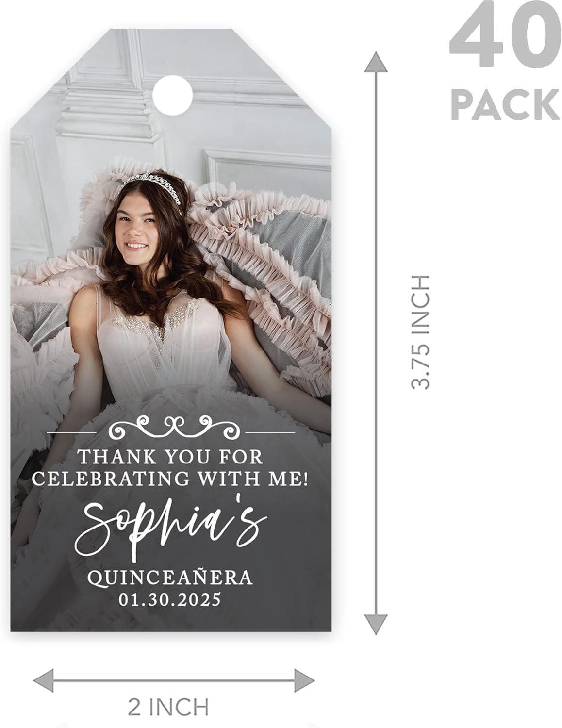 Andaz Press 40-Pack Personalized Quinceañera Favor Tags with String, Classic Thank You for Celebrating with Me Gift Tags with Custom Photo for Mis Quince Años, XV, 15th Birthday, Favor Gifts
