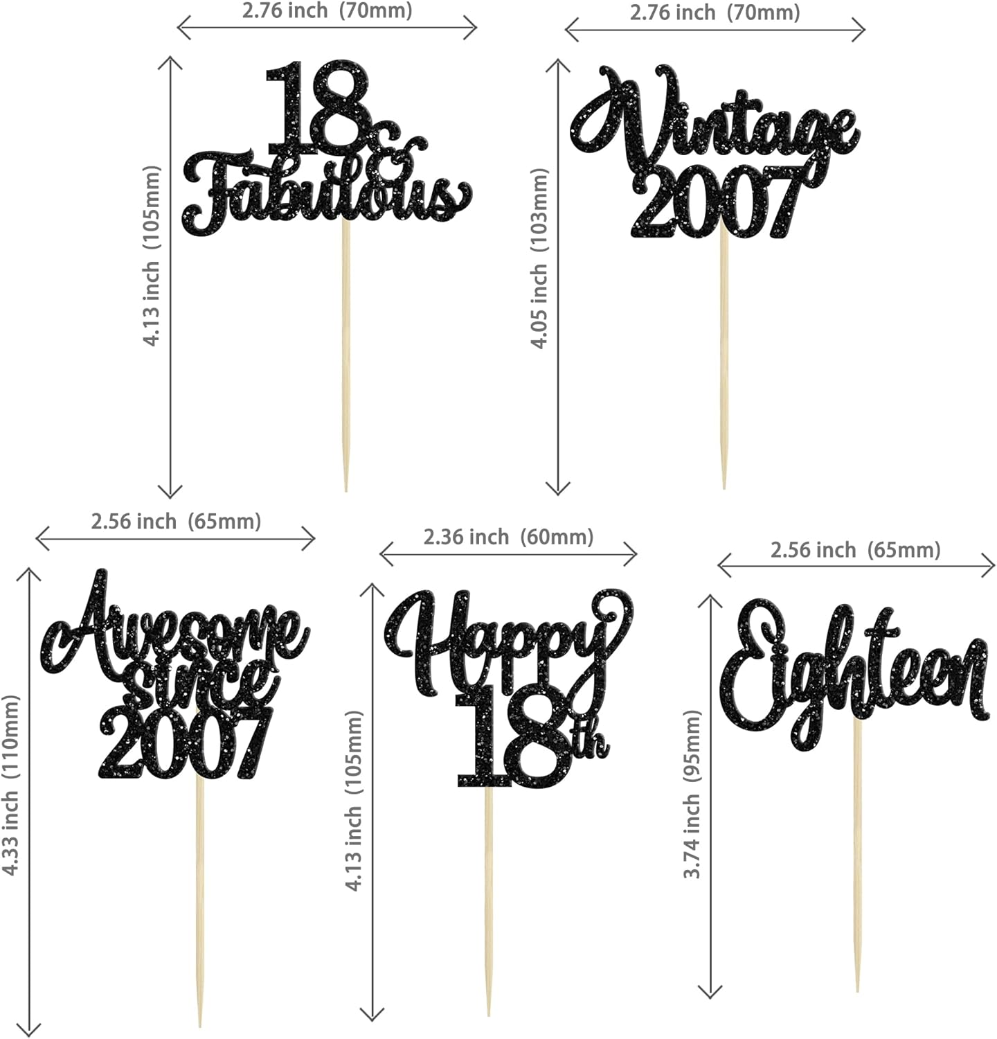30Pcs Happy 18th Birthday Cupcake Toppers Glitter Eighteen Vintage 2007 Cupcake Picks Cheers to 18 Fabulous Cake Decorations for 18th Birthday Wedding Anniversary Party Supplies Black