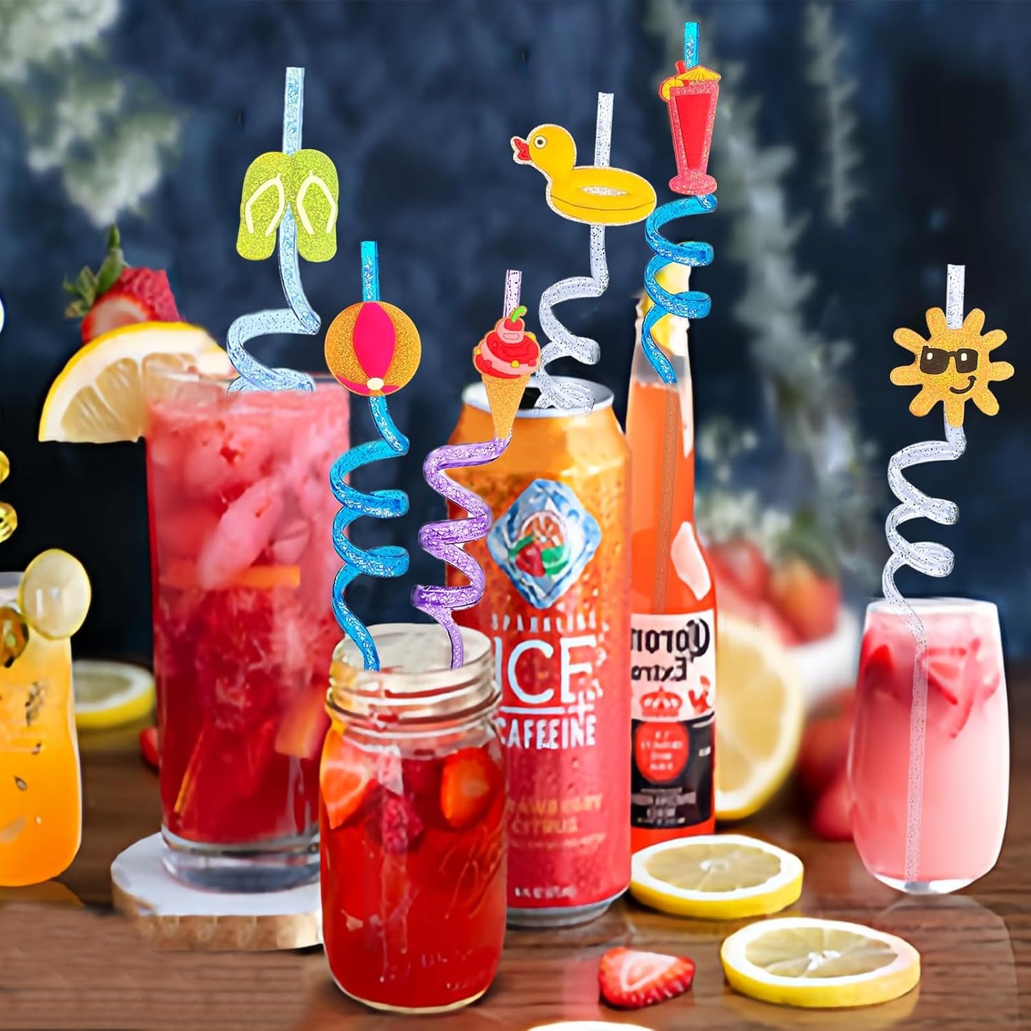 24 Beach Drinking Straws Beach Ball Pool Summer Birthday Party Supplies Decorations Glitter Pool Party Straws With 2 PCS Cleaning Brushes