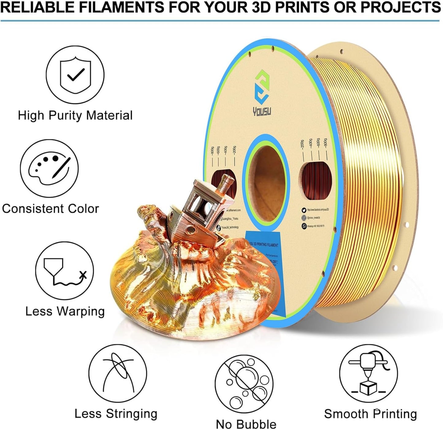YOUSU 3D Printer Filament Triple Color Silk PLA Filament 1.75mm,Silk PLA Gold Copper Black 3D Printing Filament Bundle, 1kg / 2.2lbs