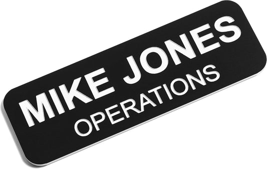 Custom Engraved Name Tag Badges – Personalized Identification with Pin or Magnetic Backing, 1 Inch x 3 Inches, Black/White