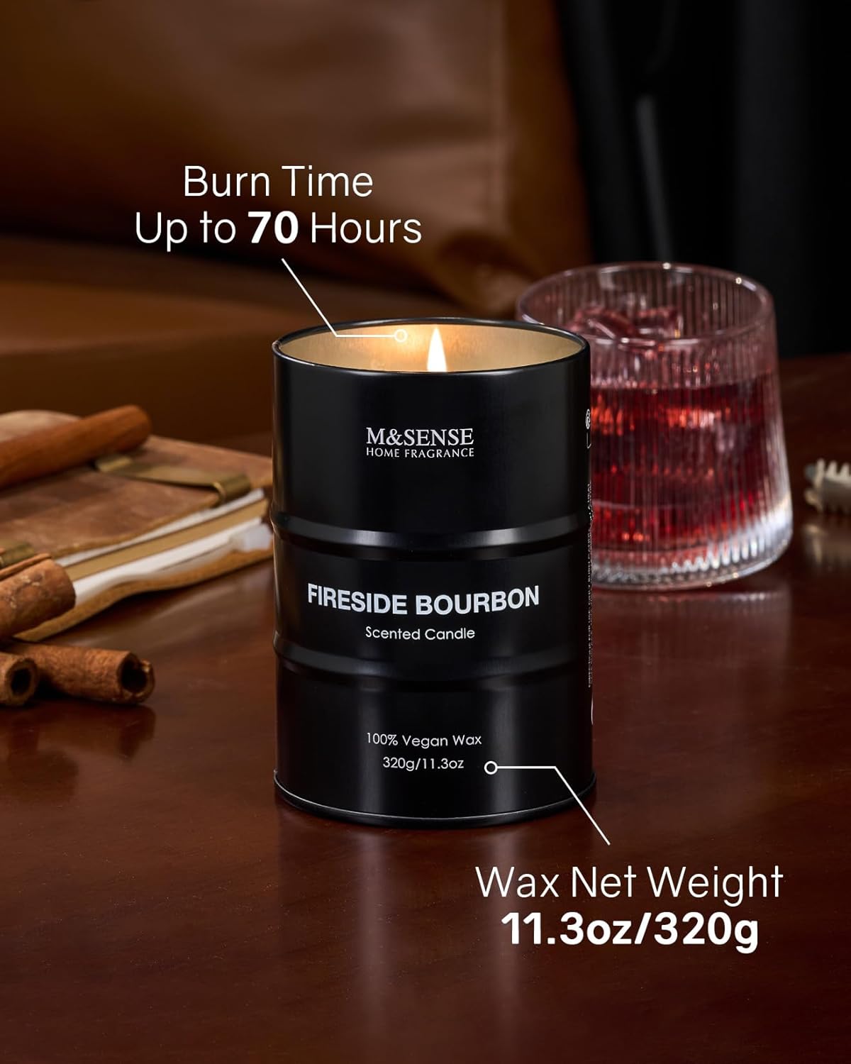 M&SENSE Scented Candle, Fireside Medium Jar Candle Gifts for Men, 70 Hours Slow Burning Natural Soy Candles 11.3oz, Stress Relief Aromatherapy Candles Home Decor, Valentines Day Gifts for Him