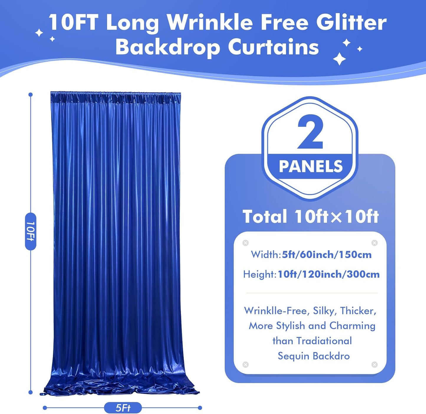 10x10ft Shimmer Royal Blue Sequin Backdrop Curtain for Parties, Thick Wrinkle Free Glitter Blue Photo Backdrop Drapes Curtains for Birthday Wedding Photography Background-2 Panels 5x10ft