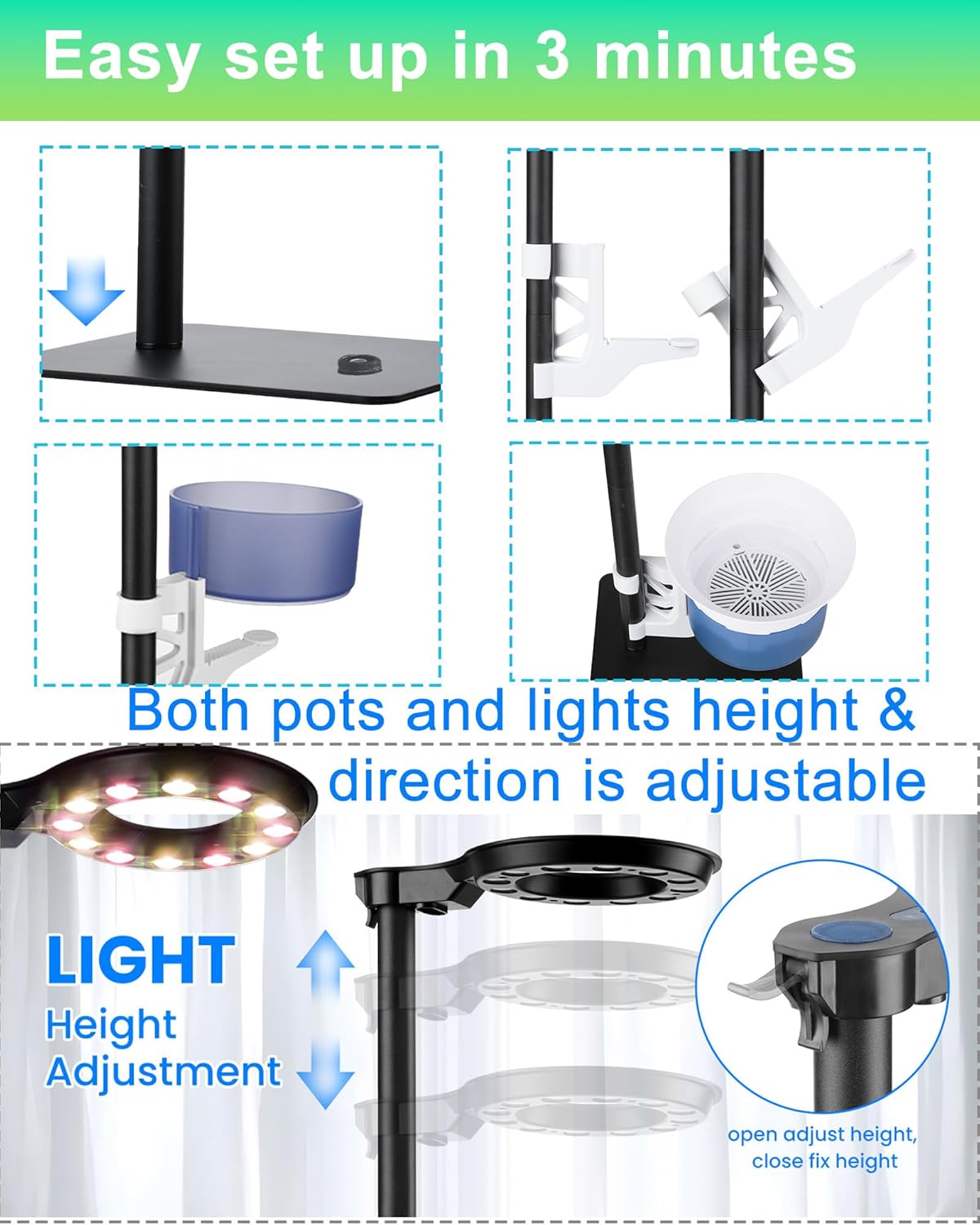 Indoor Plant Hydroponics Growing System Tower Kit with Grow light,Herb Vegetable Indoor Garden Growing System with Standing Floor Tall LED Grow Light,Height Adjustable with Timer & Metal Stand (Large)