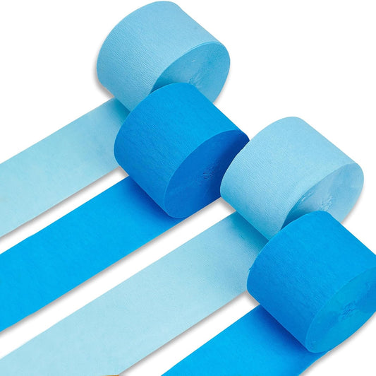 PartyWoo Blue Crepe Paper Streamers 4pcs 328ft Pack of Light Sky Blue Crepe Paper Streamers for Birthday Gender Reveal Baby Shower Graduation Pool Mermaid Under The Sea Theme Party Decorations
