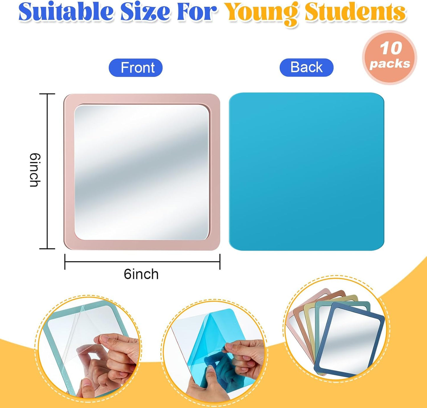 Dandat 10 Pcs Small Mirrors for Kids 6 x 6 Inch Square Shatter Proof Reflector Toddler Glass Plastic Reflector for Classroom DIY Craft Preschool Facial Expression (Gray Colors)