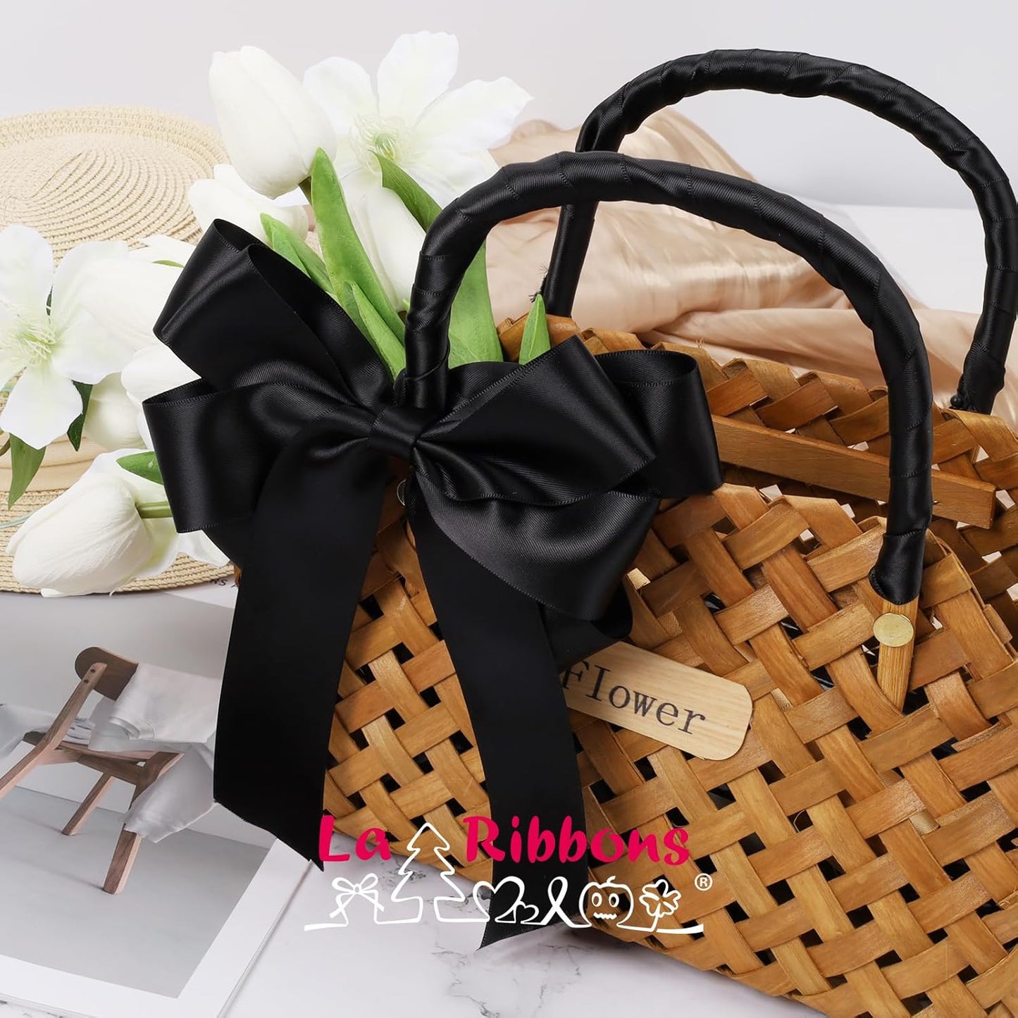 LaRibbons 1 1/2 Inch 25 Yard Double Faced Satin Ribbon,Black Satin Craft Fabric Ribbon for Gift Wrapping Floral Bouquets Wedding Party Decoration