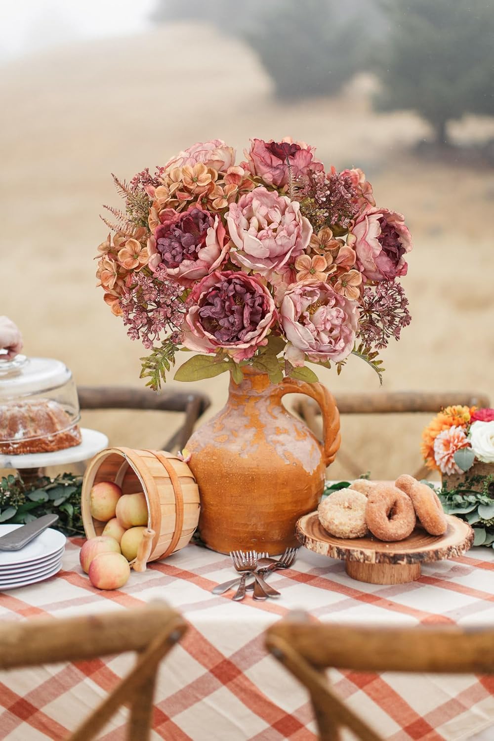 Hollyone 2Pcs Artificial Fall Flowers Bouquet 18.8" Pink Dried Peony Hydrangea Fake Fall Floral Silk Flowers Autumn Faux Flower Arrangement for Home Wedding Table Centerpieces Thanksgiving Party Decor