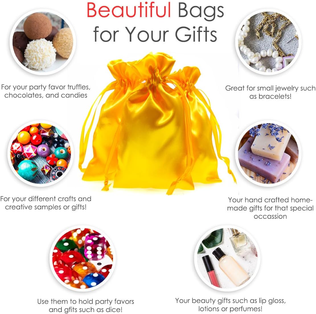 Knitial 4" x 6" Golden Yellow Satin Gift Bags, Jewelry, Wedding Favor Drawstring Bags Baby Shower Christmas 50 Count
