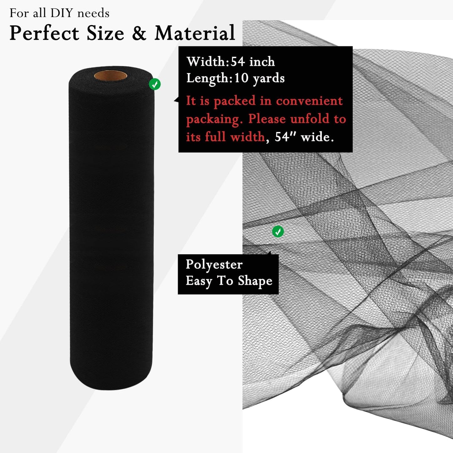 Black Tulle Fabric Rolls 54 Inch by 10 Yards Fabric Tulle Bolt for Wedding Halloween Decorations Gift Wrapping DIY Tutu Baby Shower Table Skirt Birthday Party Craft Supplies