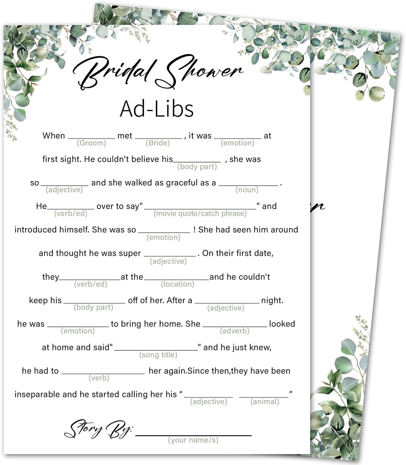 Eucalyptus Bridal Shower Game Cards - Ad-libs Game, Wedding Engagement Bachelorette Party Bridal Shower Games for 30 Guests, Double Sided Cards Set of 30, Activity Supplies & Favor/A03
