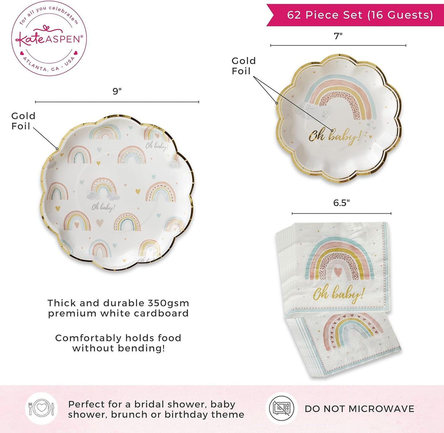 Kate Aspen Boho Rainbow Baby Shower Decorations, One Size, 62 Pc Party Tableware Kit