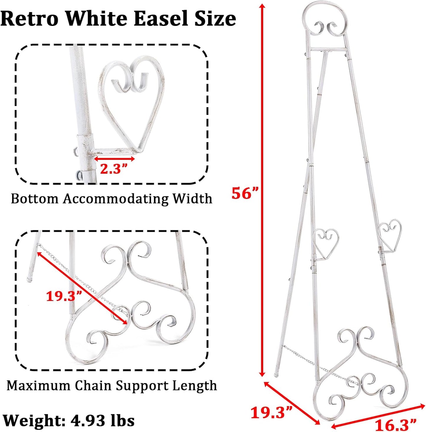 Extra Large Free Standing Adjustable Display Stand Easel with Chain Support, Retro White Decorative Metal Foldable Floor Standing Easel for Display Mirror Wedding Welcome Signs, 16.3" x 19.3" x 56"