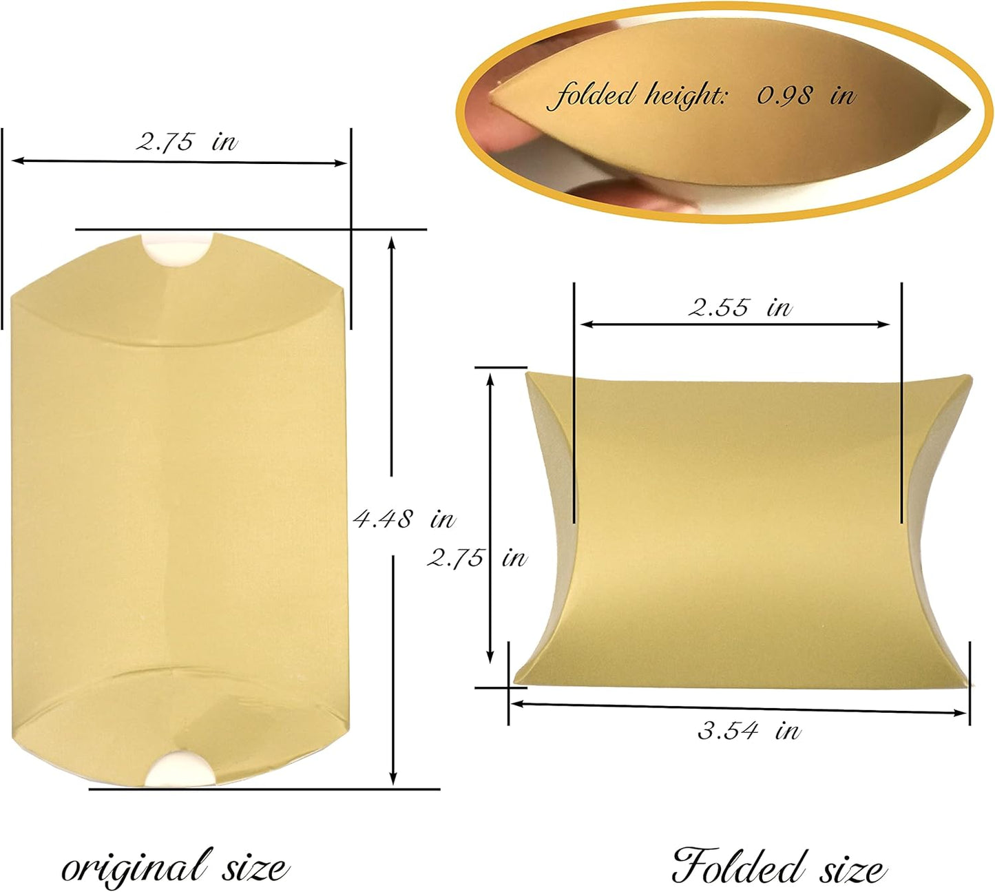 Aokbean 100 Pack Mini Pillow Candy Box Small Gift Boxes with 50 Yards Ribbon for Christmas Wedding Party Favor Gift, Jewelry or Soap Packaging (Gold)