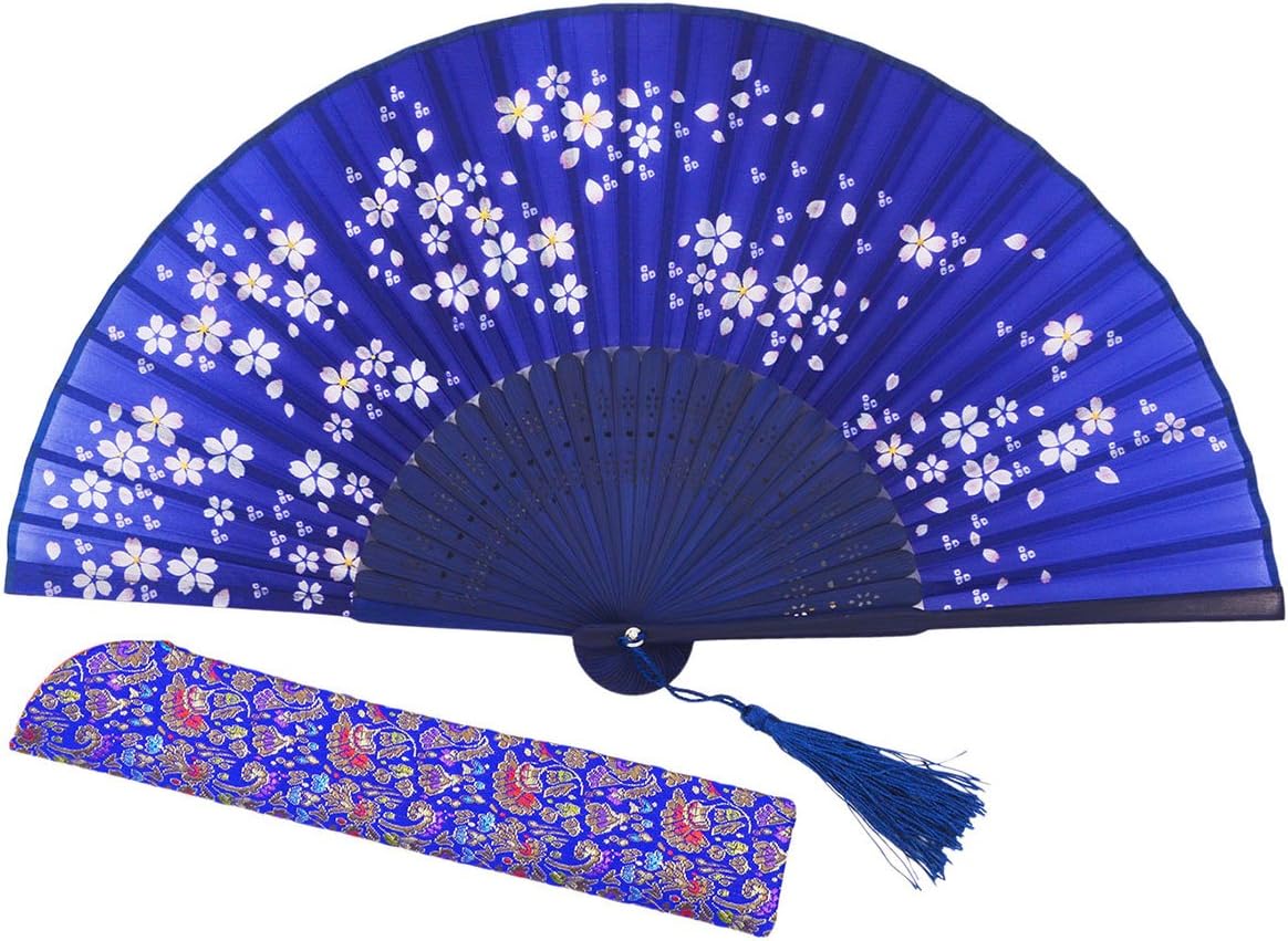 Amajiji 8.27"(21cm) Hand Held Bamboo Silk Folding Fan Hand Fan,Chinese/Japanese Charming Elegant Vintage Retro Style,Women Ladys Girls Best Gifts (Blue)