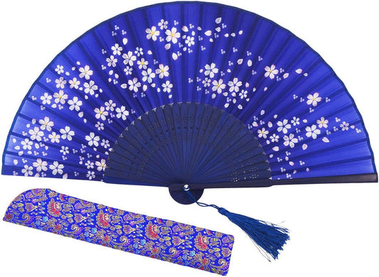 Amajiji 8.27"(21cm) Hand Held Bamboo Silk Folding Fan Hand Fan,Chinese/Japanese Charming Elegant Vintage Retro Style,Women Ladys Girls Best Gifts (Blue)