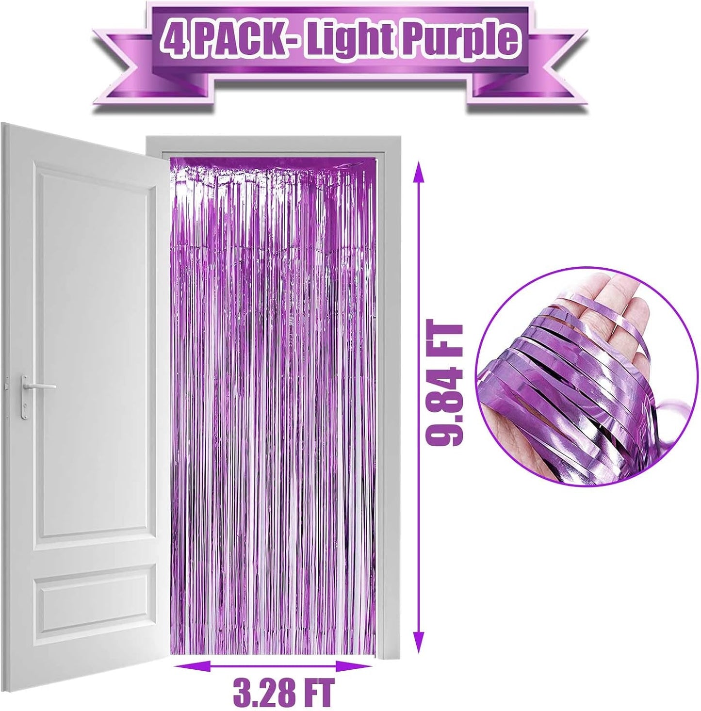 4 Pack Light Purple Foil Fringe Curtain Backdrop, 3.28Ft x 9.84Ft Metallic Tinsel Streamers Curtains for Party, Photo Booth Props, Birthday, 2022 Graduation Decoration Supplies