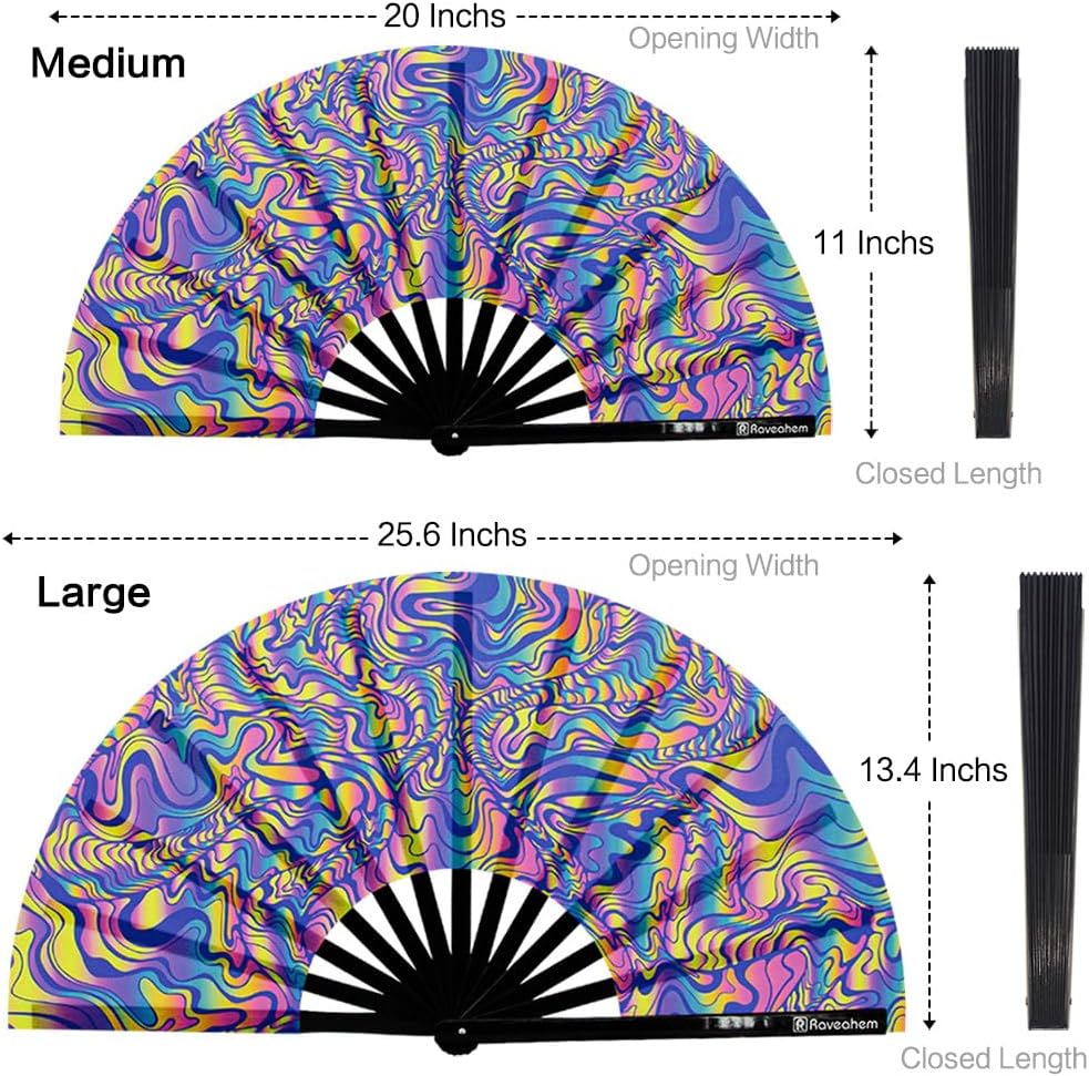 UV Glow Rave Fan, Bamboo Folding Clack Hand Fans Foldable for Men Women, Boots on the Ground Poping Fan for EDM Festival Line Dance Decoration, (Waves-2, Medium 11")