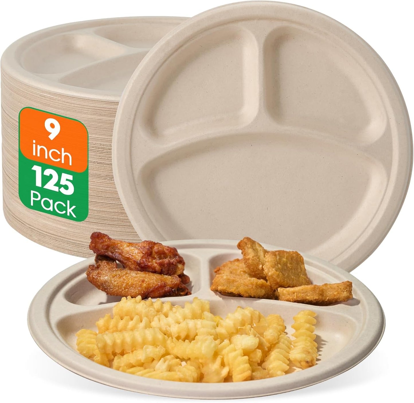 ECOLipak 125 Pack Compostable 3 Compartment Plates, 8.85 inch Heavy-Duty Disposable Paper Plates, Eco-Friendly Biodegradable Sugarcane Bagasse Divided Plate for Dinner