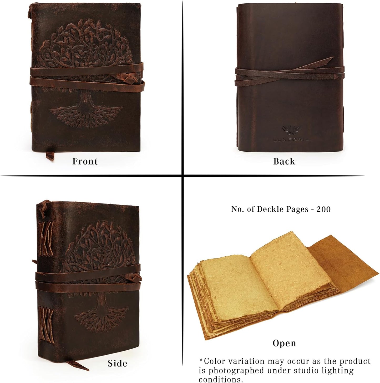 LUXEORIA Leather Journal for Women and Men, 200 Pages - 5"x7", Travel Dairy, Unlined Women's Notebook, Tree Of Life Sketchbook for Drawing, Writing- Antique Deckle Edges Handmade Paper, Vintage Brown