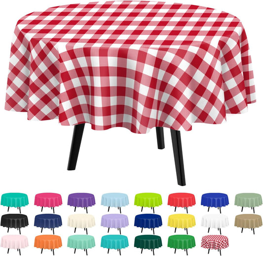 QIKSION Red Gingham Round Tablecloth 12 Pack, 84 Inch Plastic Checkered Table Cover Disposable for Parties