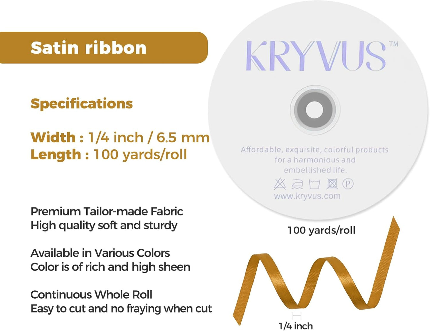 Gold Satin Ribbon 1/4 inch X Continuous 100 Yards, Single Face Polyester Ribbon Perfect for Gift Wrapping, Flower Bouquet, Wedding Decor, Crafts, Bow Making, Sewing and More