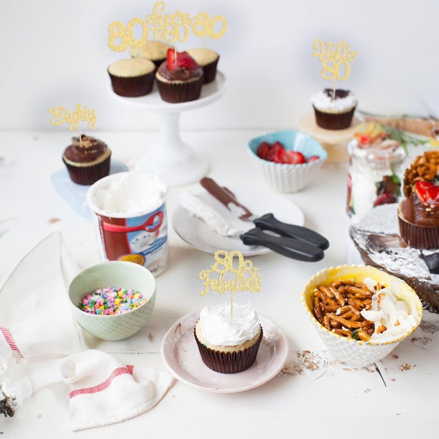 Gyufise 30Pcs Happy 80th Birthday Cake Topper, Gold, for Birthday Anniversary Party Decorations