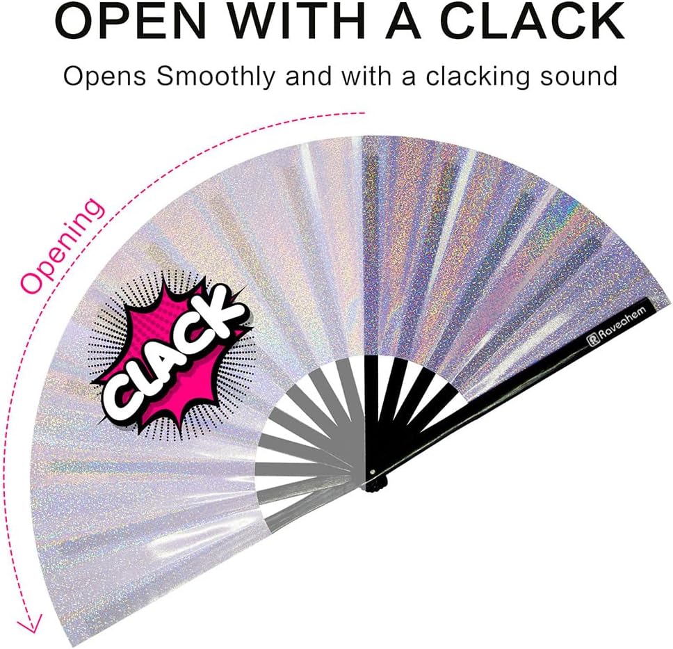 Large Rave Fan, Clack Folding Hand Fan with Premium Fabric, Thick Bamboo Frame for Men Women Gift for EDM, Festival, Club, Party, Dance, Decoration (Lridescent Purple, 11")