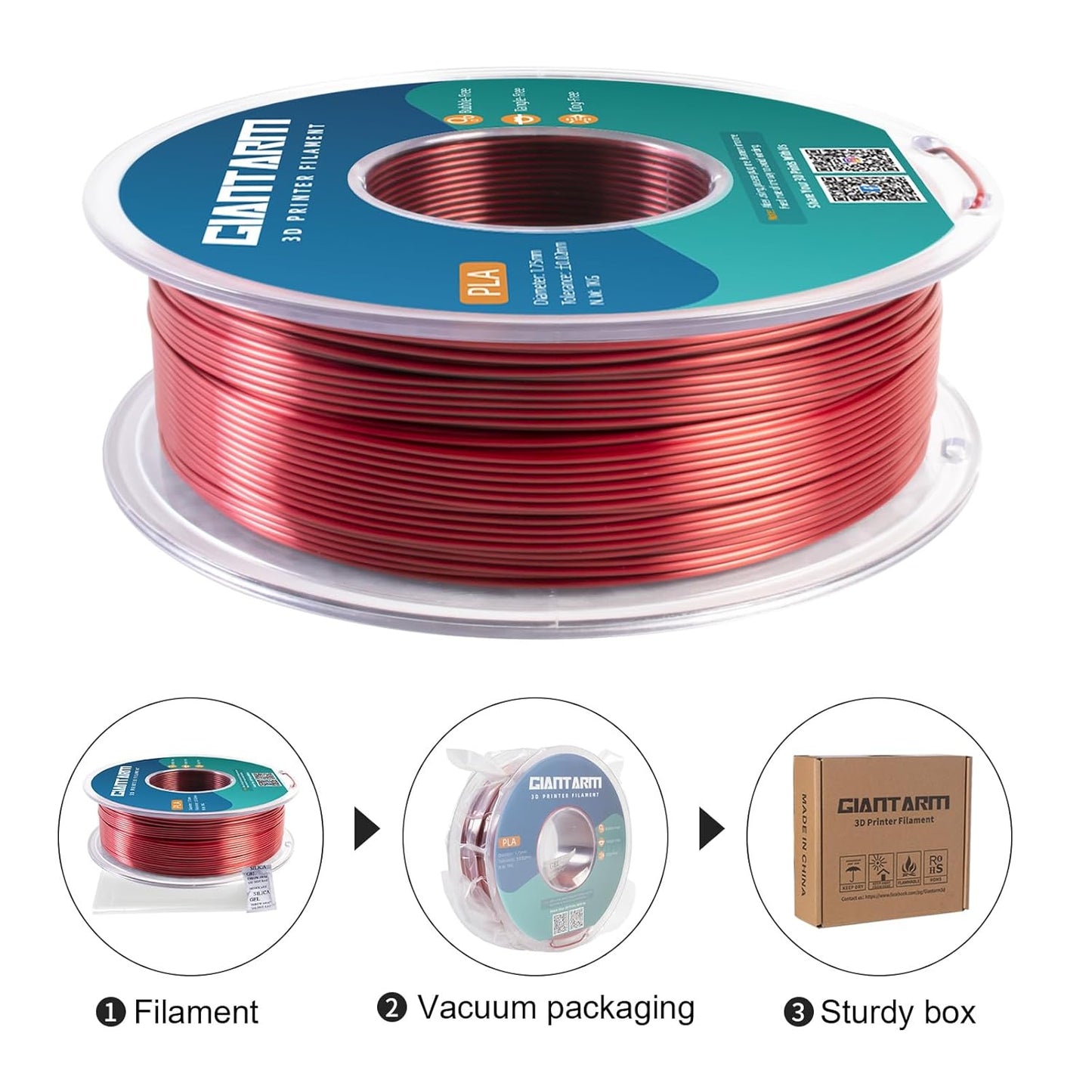 GIANTARM Dual Color PLA Filament, Silk PLA Filament 1.75mm +/-0.02mm,1KG Spool(2.2lbs) Vacuum Packaging, 3D Printing Filaments Fit Most FDM Printer