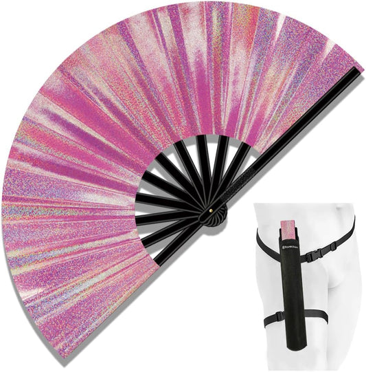 13" Large Folding Rave Fan with Holster, Clack Hand Fans Foldable for Line Dancing, Boots On The Ground Fan for Women Men Festival EDM Party Decoration, Lridescent Pink