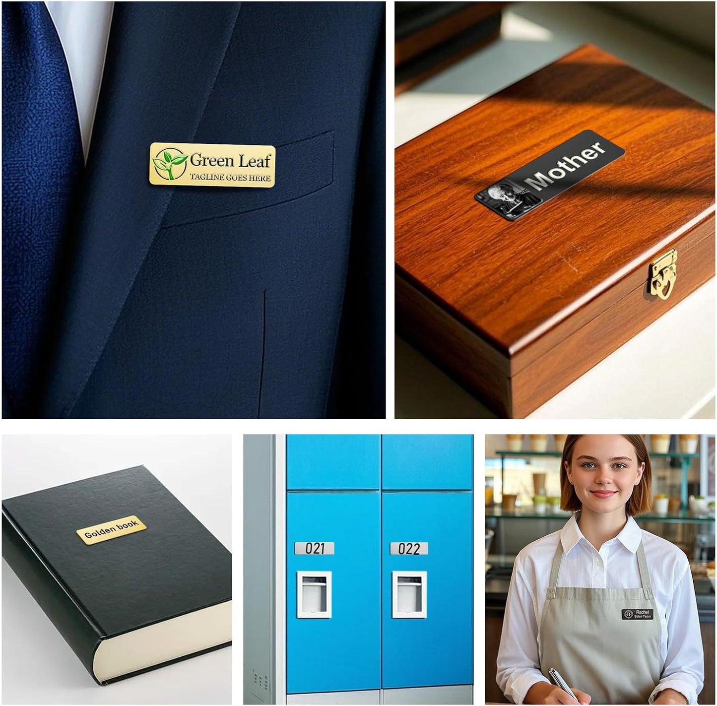 Custom ID Name Tag Badges Identification Personalized with Text & Full Color Logos - Adhesive Lable, Sign - Metal Name with Pin or Magnetic Backing Plates for Business Work Lable Sign Employee Name