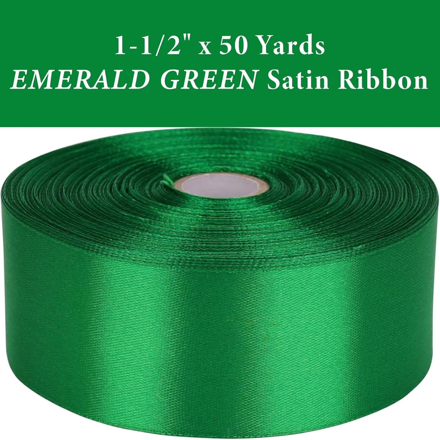 1-1/2" x 50 Yards Emerald Green Satin Ribbon Single Faced Fabric Ribbons for Gift Wrapping, Crafting, Floral Arrangements, Flower Bouquet, Wedding, Home Decor