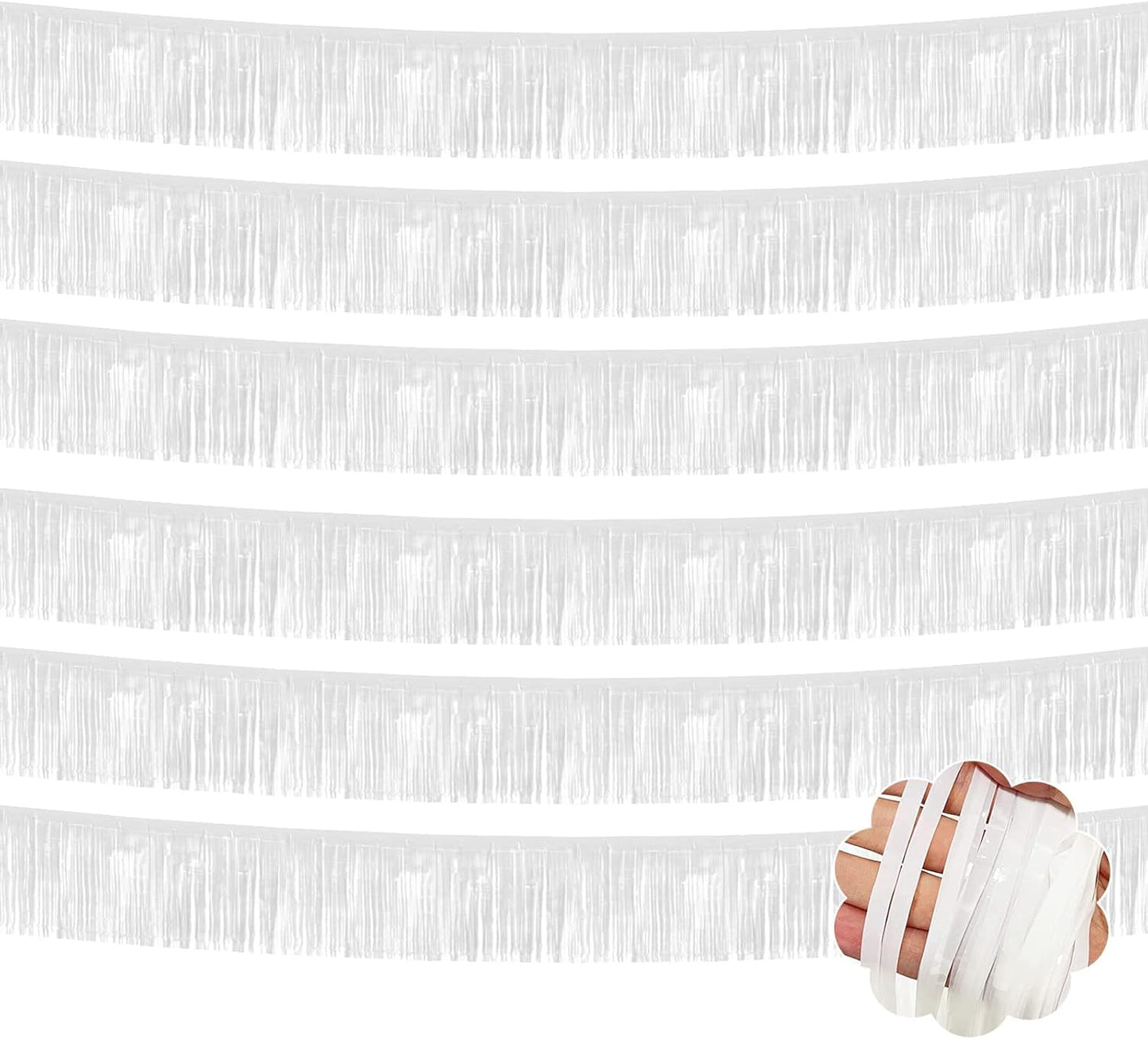 6 Pack 10 Feet White Foil Fringe Garland Metallic Tinsel Streamers Banner Wall Hanging Curtain Backdrop Banner for Parade Floats, Thanksgiving, Christmas, Birthday, Halloween Party Decorations