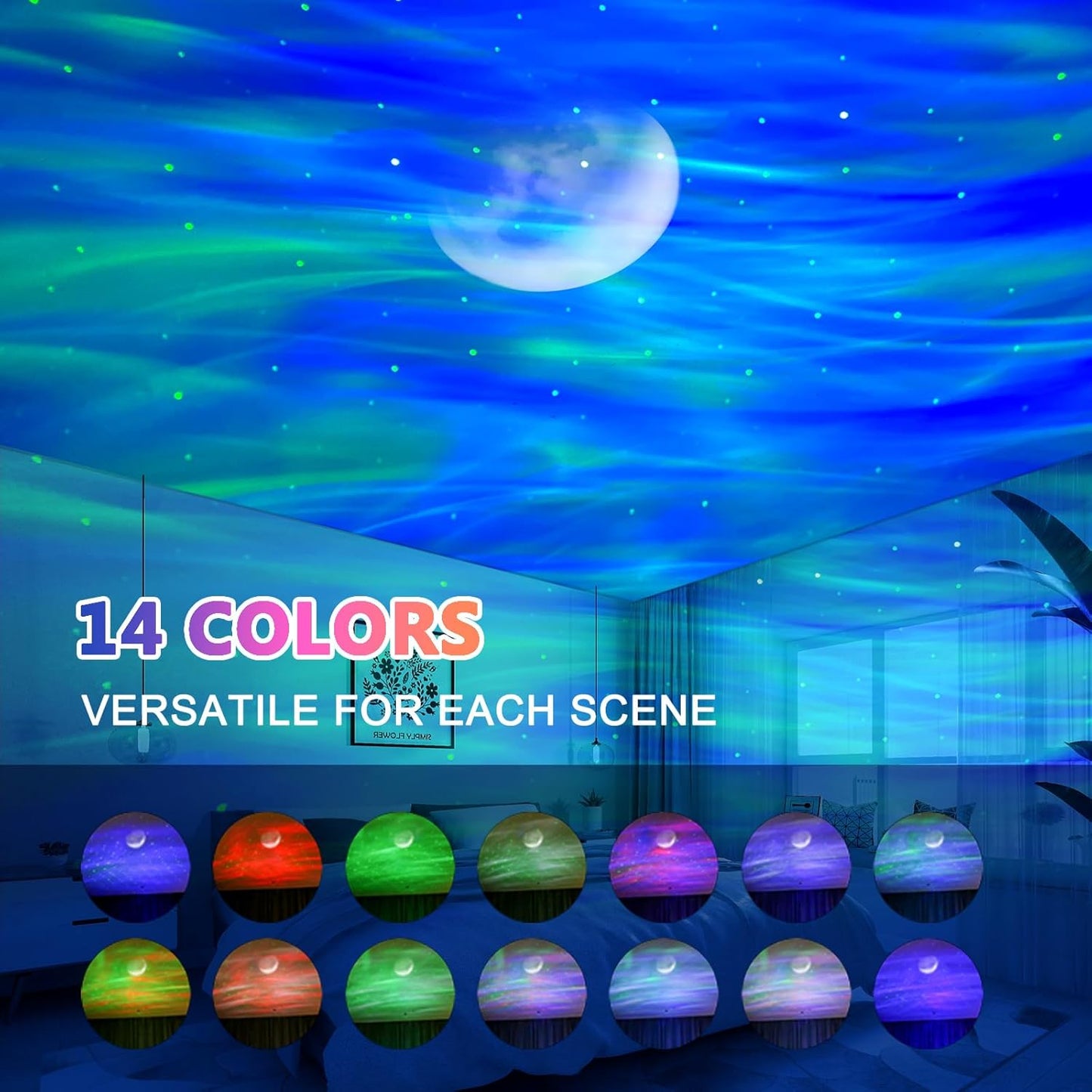 ELITUN Star and Aurora Night Light, Dual Effect Moon Galaxy Projector for Bedroom, 14 Colors With White Noise, Timer & Remote Control for Kids, Adults, Room Decor, Party