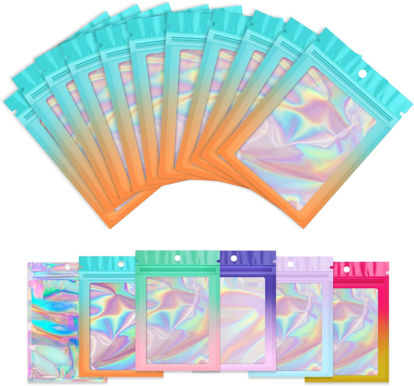 Funfery 100 Pack Gradient Holographic Bags,Resealable Mylar Bags with Zipper,Clear Window Packaging Pouch,Foil Smell Proof Bags for Food Storage,Sample Jewelry Baggies(3.1×5.1in,Blue Orange)